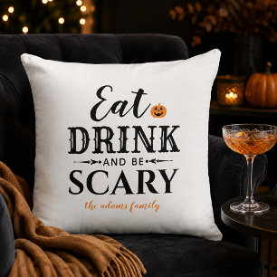 Modern Eat Drink and Be Scary White Halloween Throw Pillow