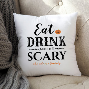 Modern Eat Drink and Be Scary White Halloween Throw Pillow