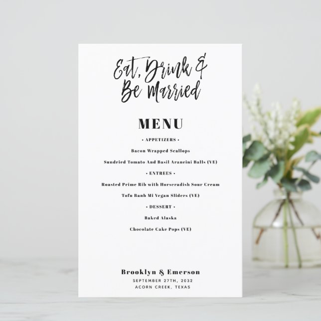 Modern Eat Drink Be Married Wedding Menu Card (Standing Front)