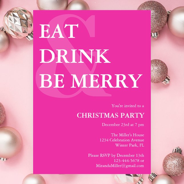 Modern Eat Drink & Be Merry Pink Christmas Party  Invitation (Creator Uploaded)