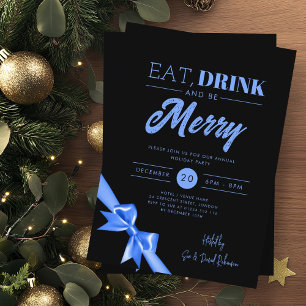 Modern Eat, Drink Be Merry Xmas Blue Ribbon Black Invitation