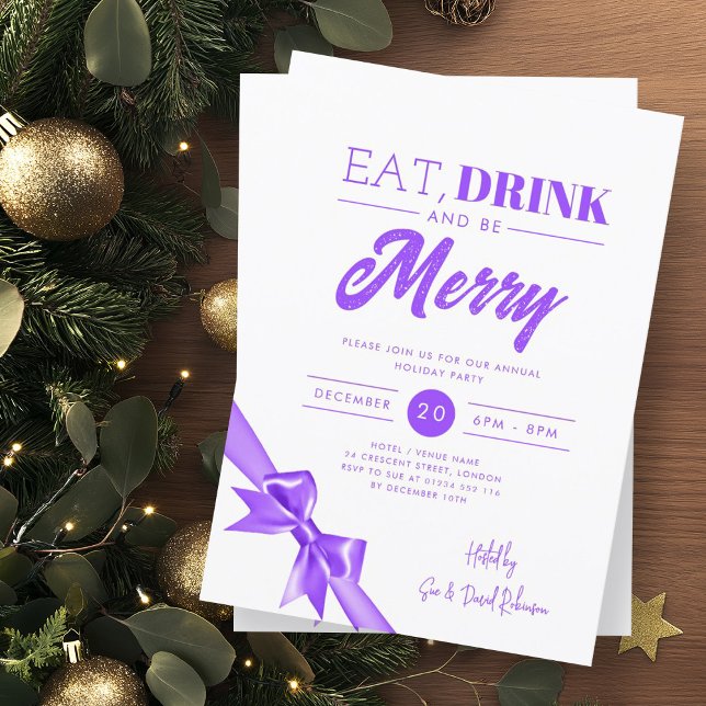 Modern Eat, Drink Be Merry Xmas Purple Ribbon  Invitation (Creator Uploaded)