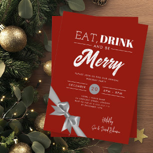 Modern Eat Drink Be Merry Xmas Silver Ribbon Red Invitation