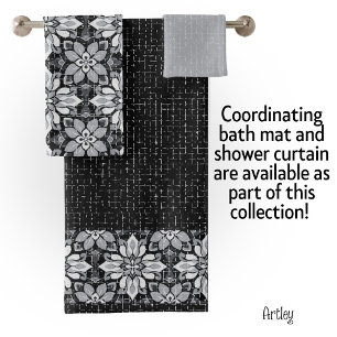 Modern Eclectic Black White Floral Pattern Bath Towel Set