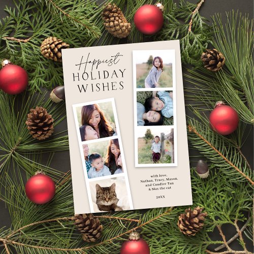 Modern Ecru Tan Six Photo Photobooth Holiday Card