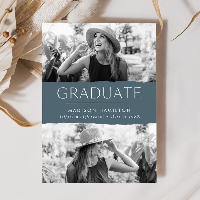 Modern Edge Blue Gray 2 Photo Graduation Announcement (Creator Uploaded)