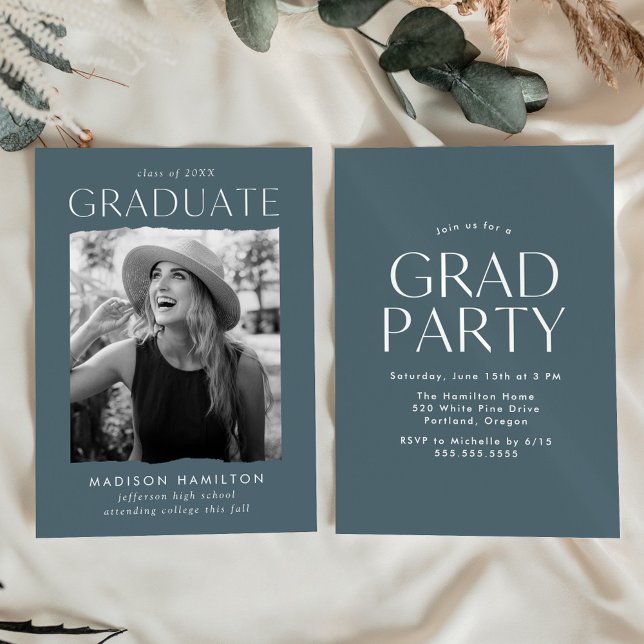 Modern Edge Blue Gray Photo Graduation Party Invitation (Creator Uploaded)