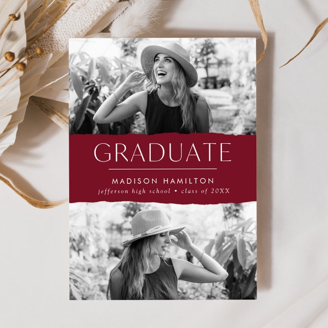 Modern Edge Burgundy 2 Photo Graduation Announcement (Creator Uploaded)