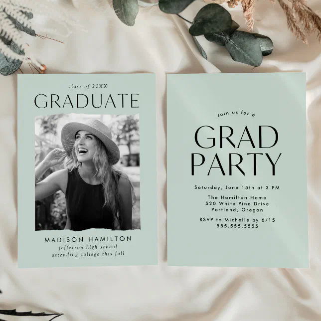 Modern Edge Mint Photo Graduation Party Invitation | Zazzle