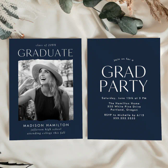 Modern Edge Navy Photo Graduation Party Invitation | Zazzle