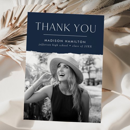 Modern Edge Navy Photo Graduation Thank You Card