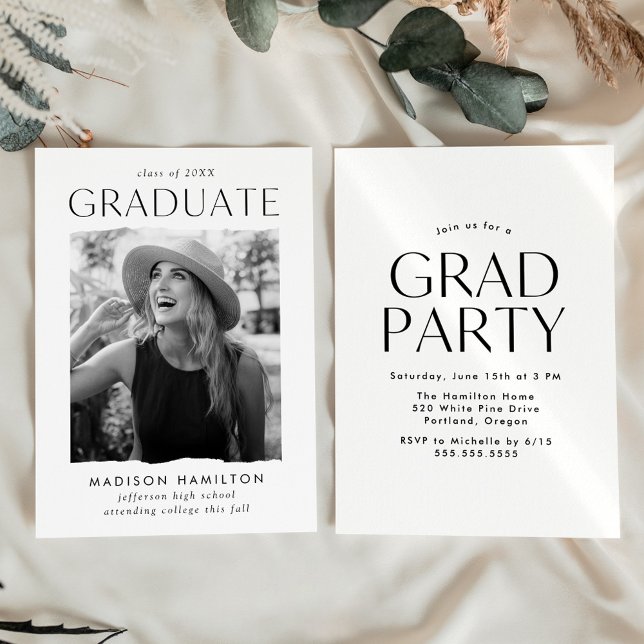 Modern Edge White Photo Graduation Party Invitation (Creator Uploaded)