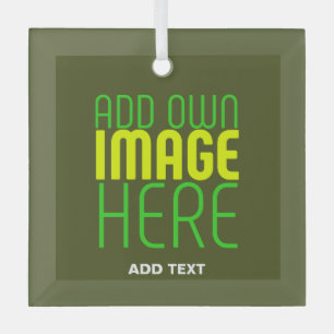 MODERN EDITABLE ARMY GREEN IMAGE TEXT TEMPLATE GLASS ORNAMENT