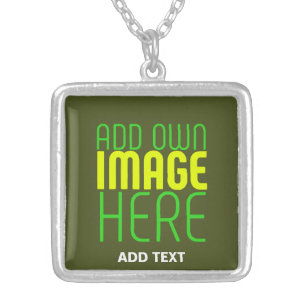 MODERN EDITABLE ARMY GREEN IMAGE TEXT TEMPLATE SILVER PLATED NECKLACE