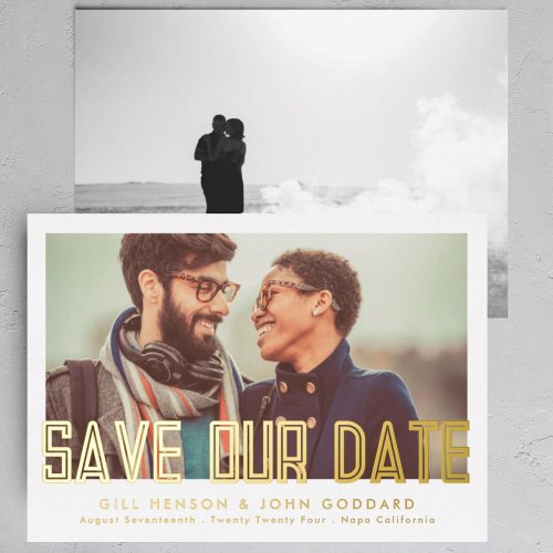 Modern Editable Bold Photo Save The Date Gold Foil Invitation
