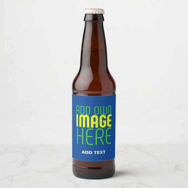MODERN EDITABLE COBALT BLUE IMAGE TEXT TEMPLATE BEER BOTTLE LABEL (Front)