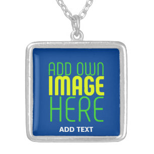 MODERN EDITABLE COBALT BLUE IMAGE TEXT TEMPLATE SILVER PLATED NECKLACE