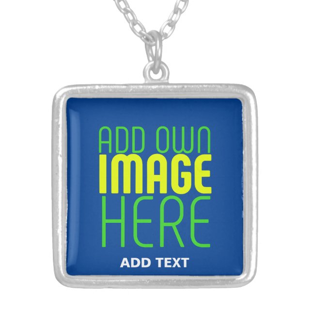 MODERN EDITABLE COBALT BLUE IMAGE TEXT TEMPLATE SILVER PLATED NECKLACE (Front)