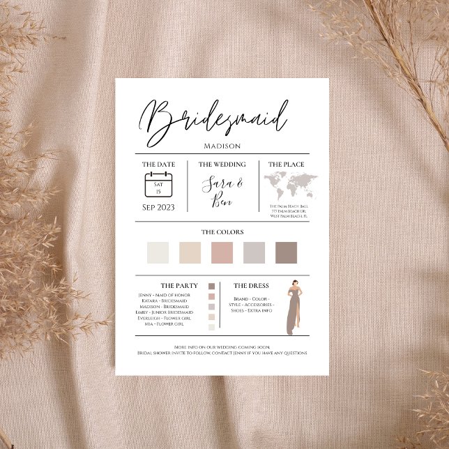 Modern Editable Color Bridesmaid Details Info Card (Creator Uploaded)