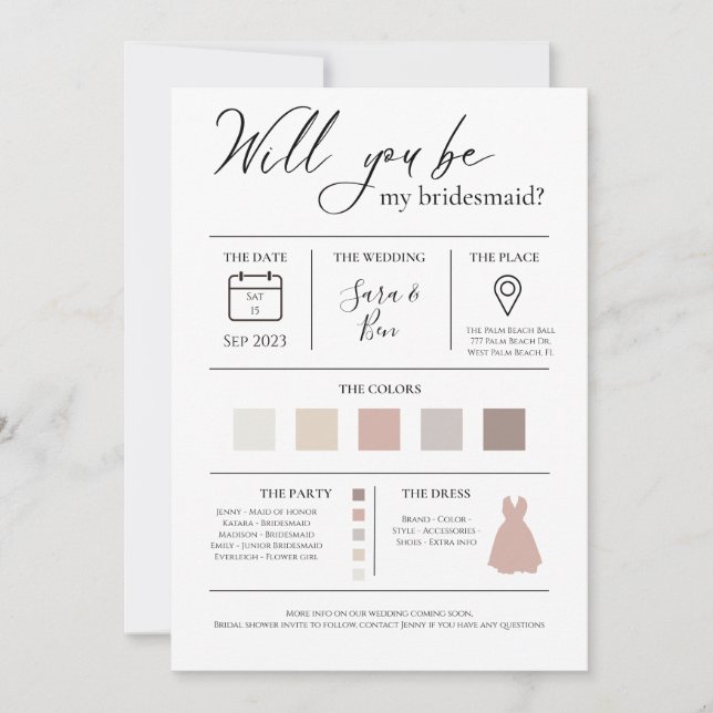 Modern Editable Color Bridesmaid Proposal Info car Invitation (Front)