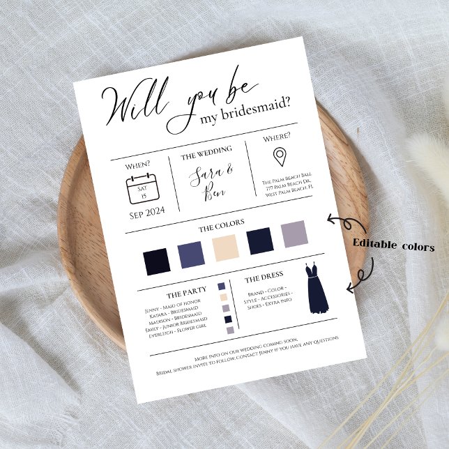 Modern Editable Color Bridesmaid Proposal Info car Invitation (Creator Uploaded)