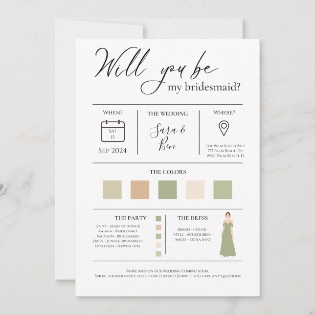Modern Editable Color Bridesmaid Proposal Info car Invitation (Front)