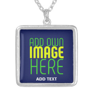 MODERN EDITABLE CUTE NAVY BLUE IMAGE TEXT TEMPLATE SILVER PLATED NECKLACE
