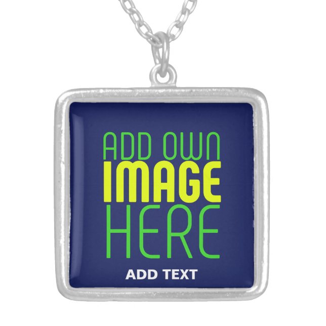 MODERN EDITABLE CUTE NAVY BLUE IMAGE TEXT TEMPLATE SILVER PLATED NECKLACE (Front)