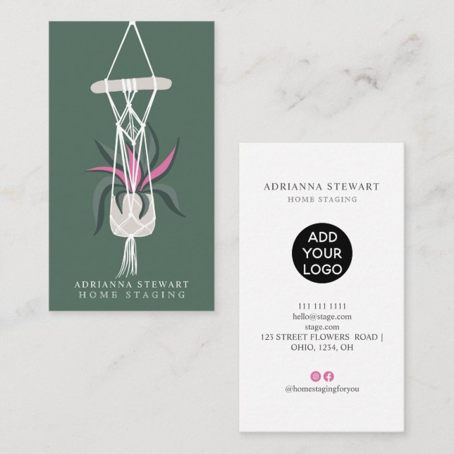 Modern editable green house plant interior decor business card (Front/Back)