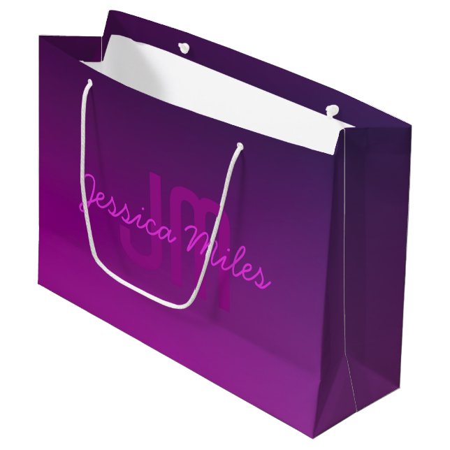 Modern Editable Monogrammed Text & Purple Ombre  Large Gift Bag (Front Angled)