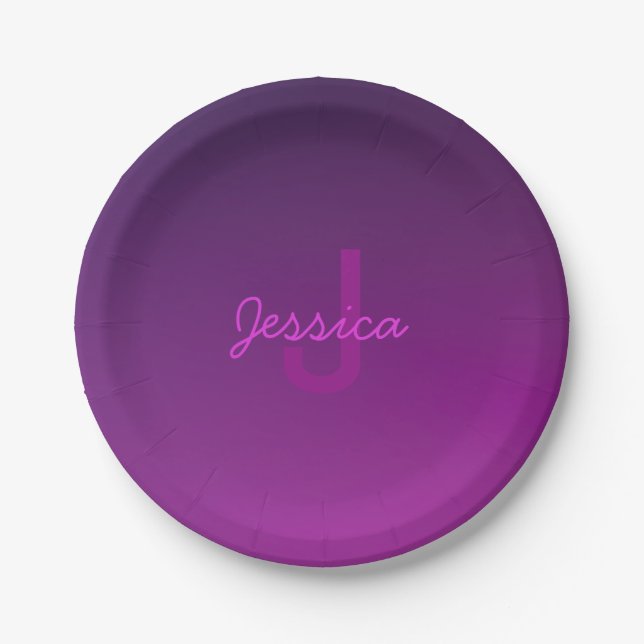 Modern Editable Monogrammed Text & Purple Ombre  Paper Plates (Front)