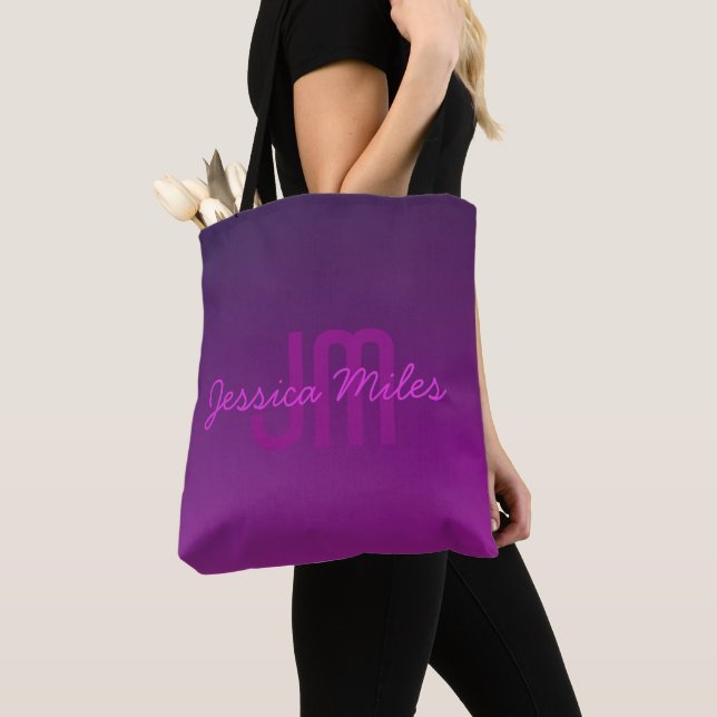 Modern Editable Monogrammed Text & Purple Ombre  Tote Bag (Close Up)