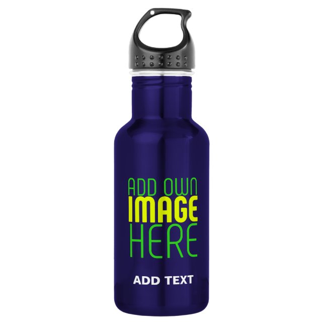 MODERN EDITABLE NAVY BLUE IMAGE TEXT TEMPLATE STAINLESS STEEL WATER BOTTLE (Front)