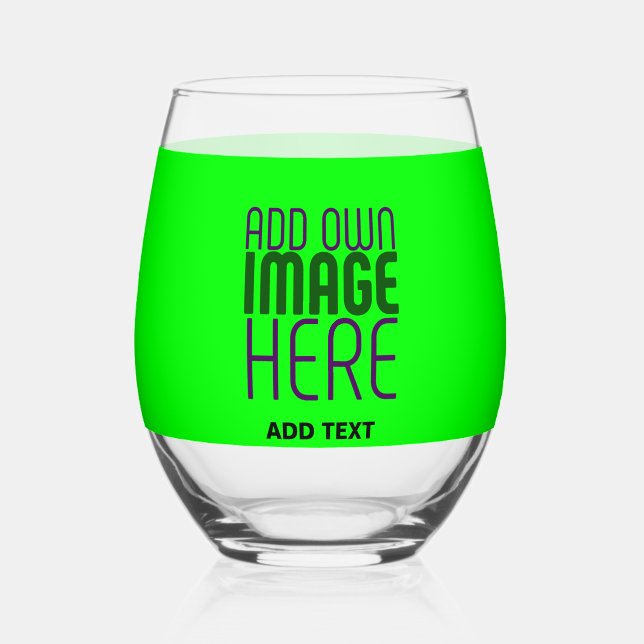 MODERN EDITABLE NEON GREEN IMAGE TEXT TEMPLATE STEMLESS WINE GLASS (Front)