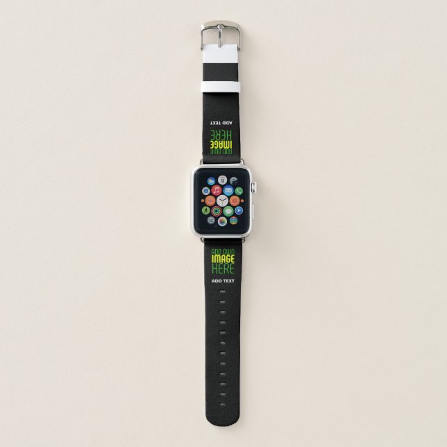 MODERN EDITABLE SIMPLE BLACK IMAGE TEXT TEMPLATE APPLE WATCH BAND (Front)