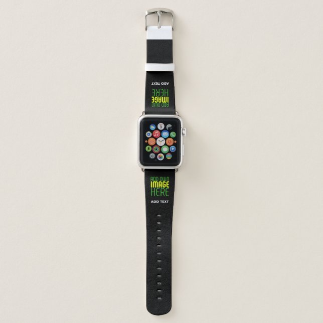 MODERN EDITABLE SIMPLE BLACK IMAGE TEXT TEMPLATE APPLE WATCH BAND (Front)