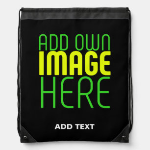 MODERN EDITABLE SIMPLE BLACK IMAGE TEXT TEMPLATE DRAWSTRING BAG