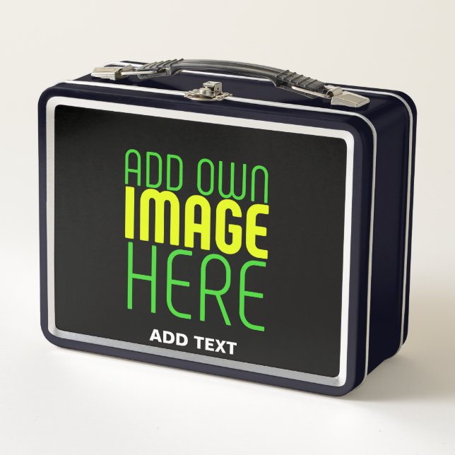 MODERN EDITABLE SIMPLE BLACK IMAGE TEXT TEMPLATE METAL LUNCH BOX (Front)