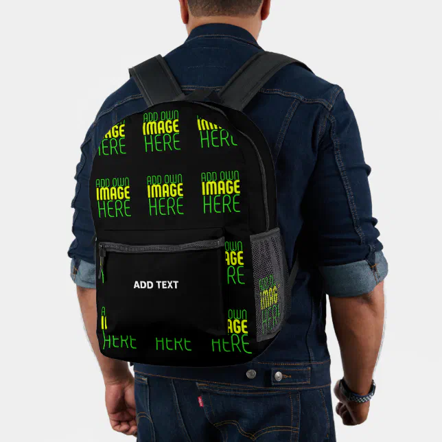 MODERN EDITABLE SIMPLE BLACK IMAGE TEXT TEMPLATE PRINTED BACKPACK | Zazzle