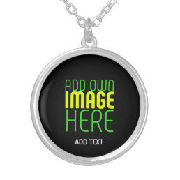 MODERN EDITABLE SIMPLE BLACK IMAGE TEXT TEMPLATE SILVER PLATED NECKLACE