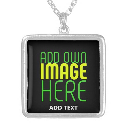 MODERN EDITABLE SIMPLE BLACK IMAGE TEXT TEMPLATE SILVER PLATED NECKLACE