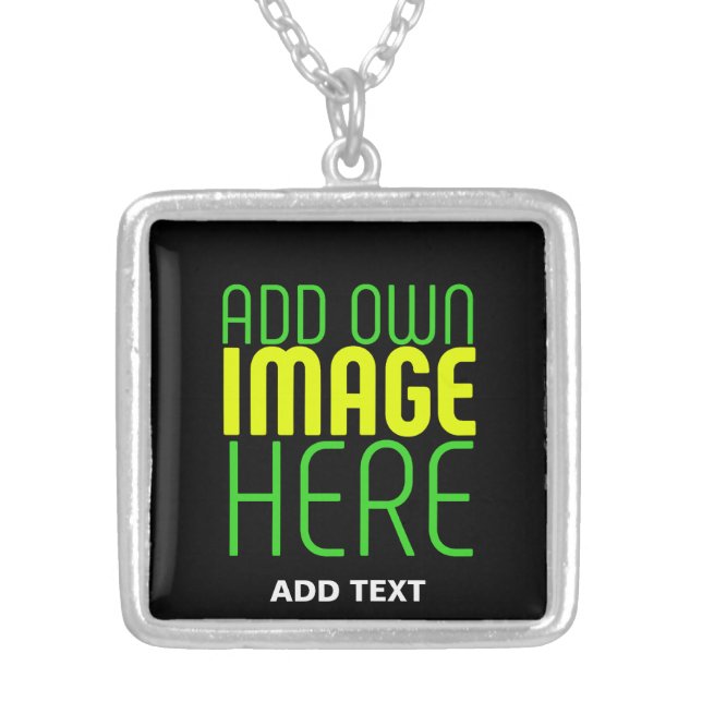 MODERN EDITABLE SIMPLE BLACK IMAGE TEXT TEMPLATE SILVER PLATED NECKLACE (Front)