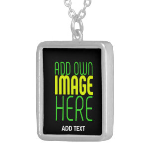 MODERN EDITABLE SIMPLE BLACK IMAGE TEXT TEMPLATE SILVER PLATED NECKLACE