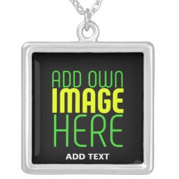 MODERN EDITABLE SIMPLE BLACK IMAGE TEXT TEMPLATE SILVER PLATED NECKLACE