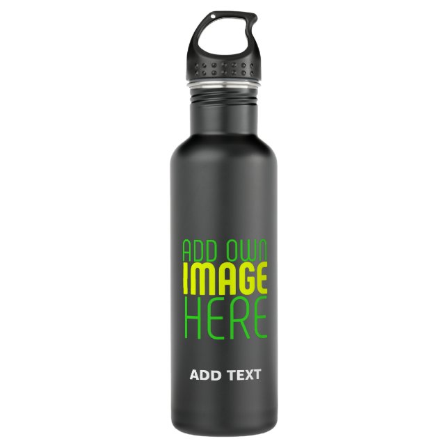 MODERN EDITABLE SIMPLE BLACK IMAGE TEXT TEMPLATE STAINLESS STEEL WATER BOTTLE (Front)