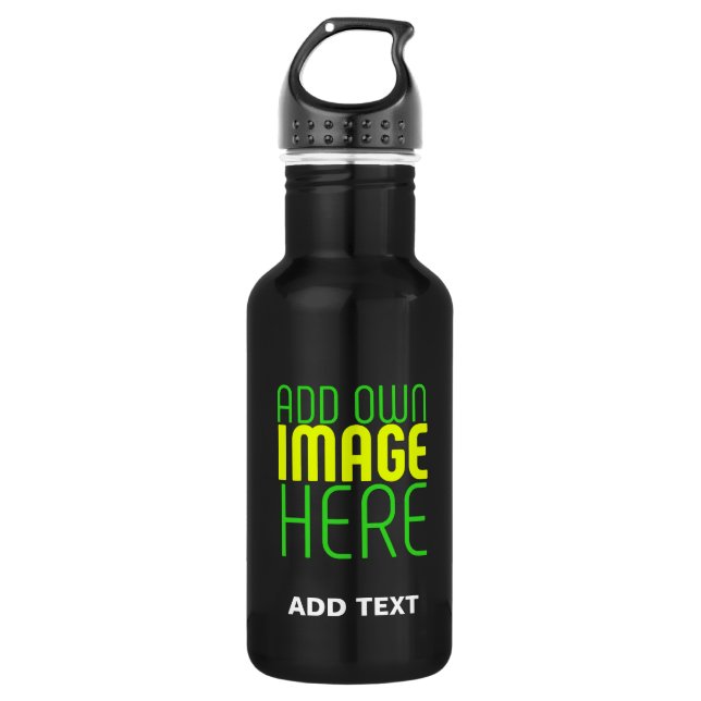 MODERN EDITABLE SIMPLE BLACK IMAGE TEXT TEMPLATE STAINLESS STEEL WATER BOTTLE (Front)