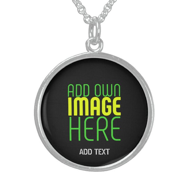MODERN EDITABLE SIMPLE BLACK IMAGE TEXT TEMPLATE STERLING SILVER NECKLACE (Front)