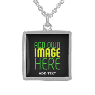 MODERN EDITABLE SIMPLE BLACK IMAGE TEXT TEMPLATE STERLING SILVER NECKLACE