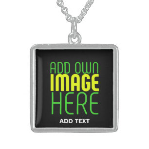 MODERN EDITABLE SIMPLE BLACK IMAGE TEXT TEMPLATE STERLING SILVER NECKLACE