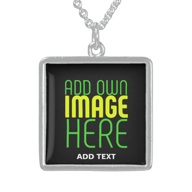 MODERN EDITABLE SIMPLE BLACK IMAGE TEXT TEMPLATE STERLING SILVER NECKLACE (Front)
